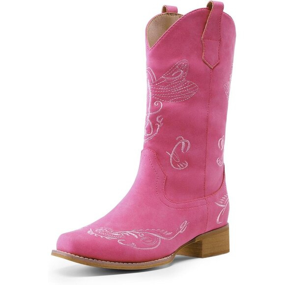 🆕Women pink Toe Cowboy Cowgirl Boots Pull On Low Chunky Heel Mid Western Boots - Picture 1 of 5